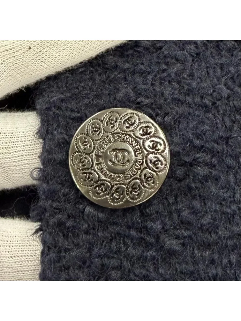 Chanel Wool Mohair CC Logo Button Tweed Coat Navy 38